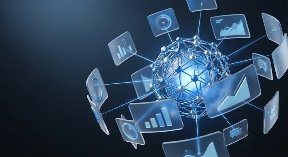 Núcleo de dados conectado a painéis de indicadores, representando automação com inteligência artificial