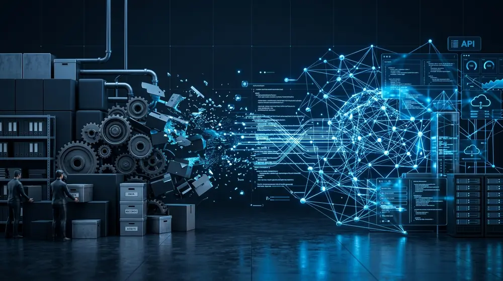 Processos manuais e arquivos físicos se convertendo em dados estruturados, código e integrações de sistema