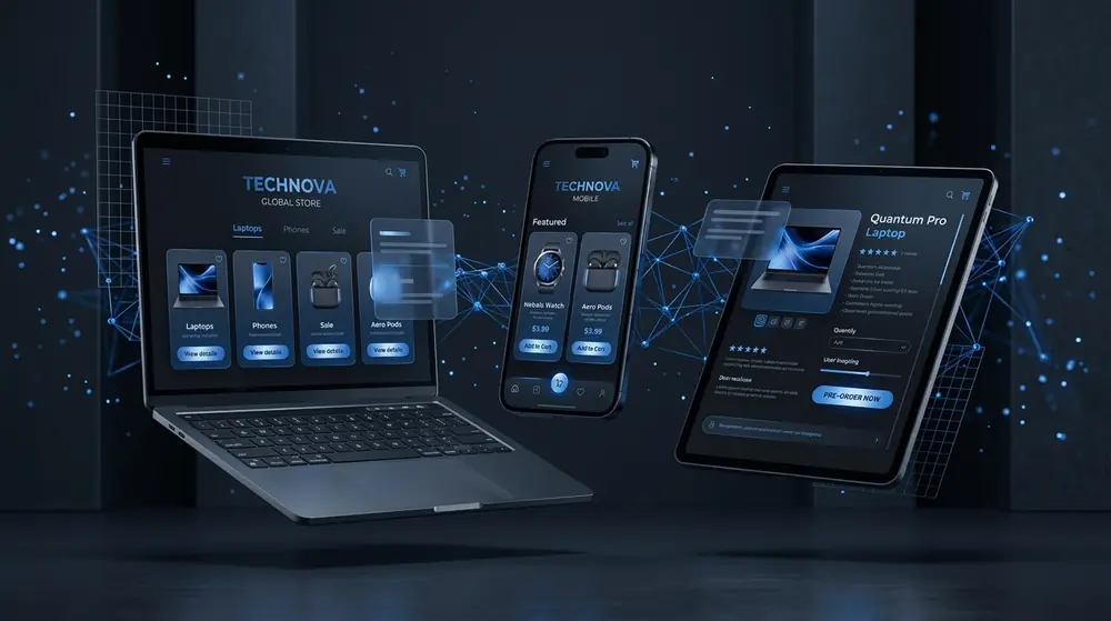 Loja online exibida em notebook, celular e tablet, com catálogo e página de produto